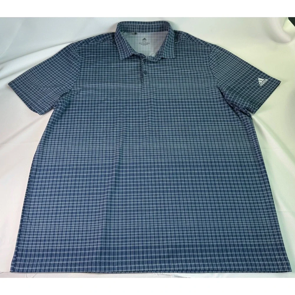 Adidas Golf Polo Shirt Primegreen Plaid‎ Short Sleeve Blue 2XL Mens